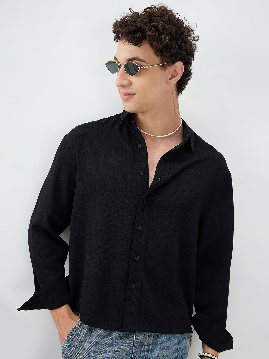 Classic Black Slub Textured Fine Weave Boxy Fit Crop Shirt