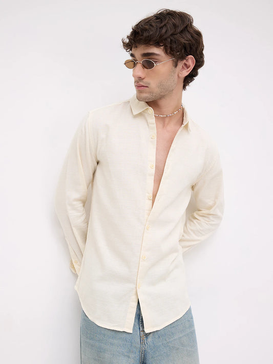 Pearl Cream Micro Grid Weave Textured Shirt