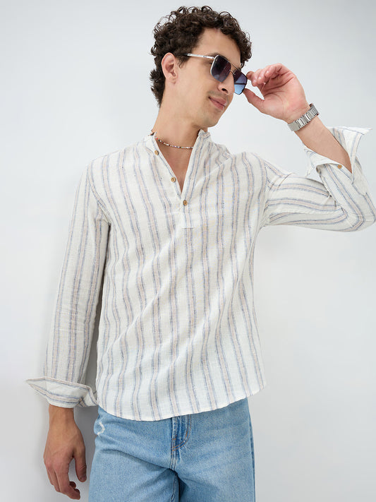 Ivory & Navy Multi-Line Vertical Striped Kurta