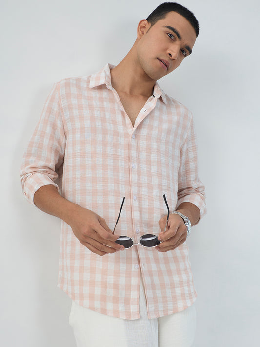 Soft Pastel Peach Box Checks Crinkled Shirt