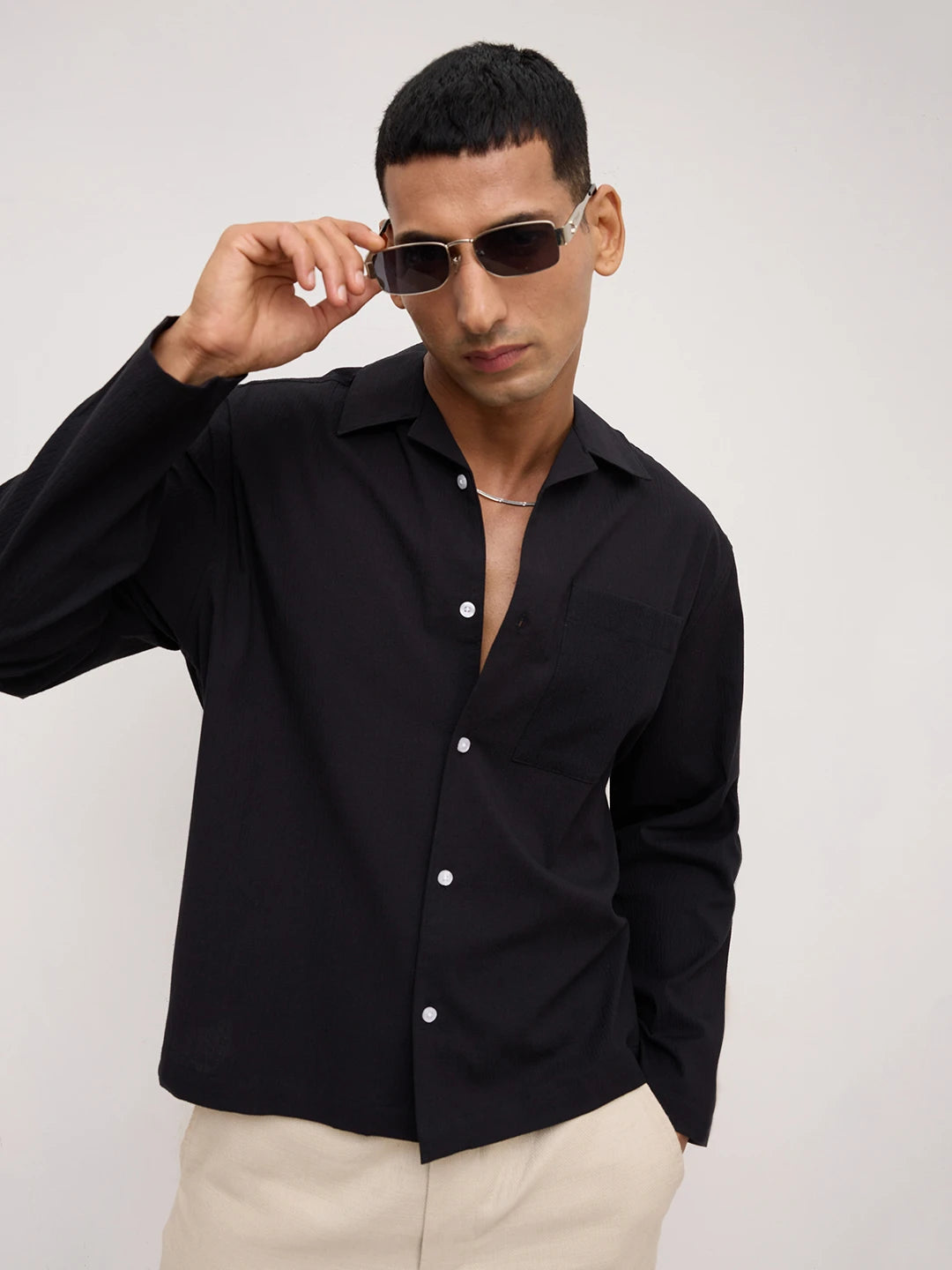 Luxe Black Fine Textured Notch Collar Oversized Shirt