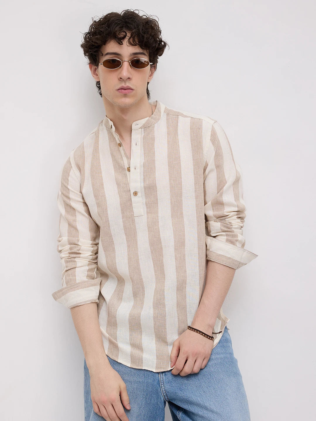 Beige & Ivory Striped Jacquard Kurta