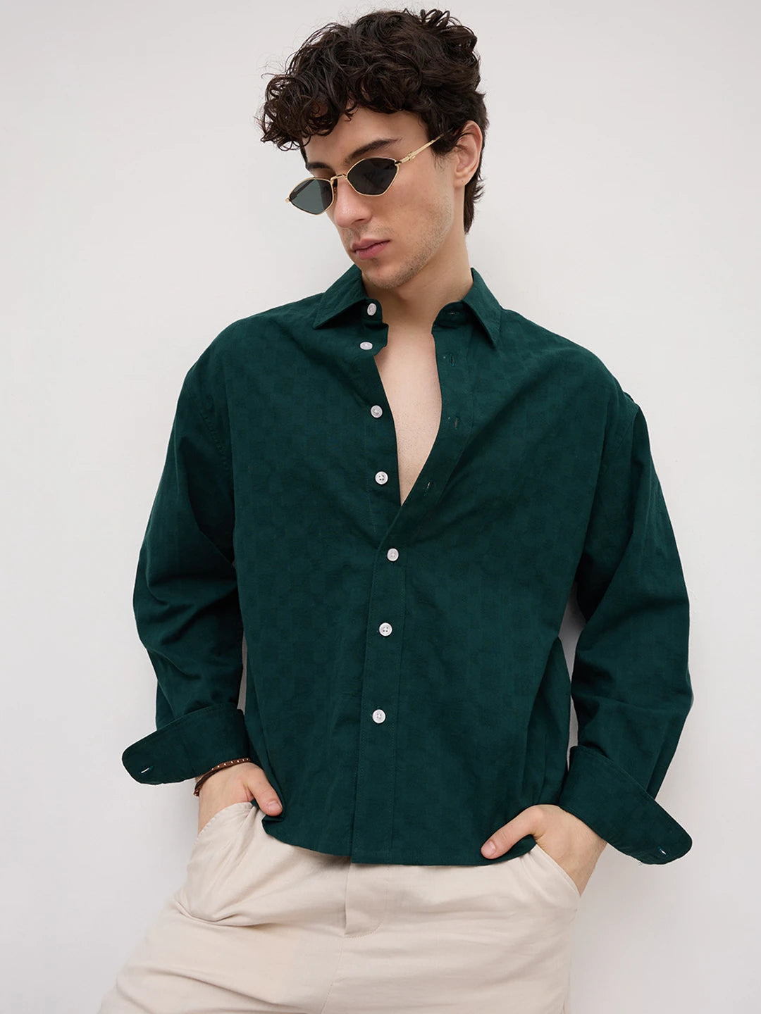 Emerald Green Square Weave Boxy Fit Crop Shirt
