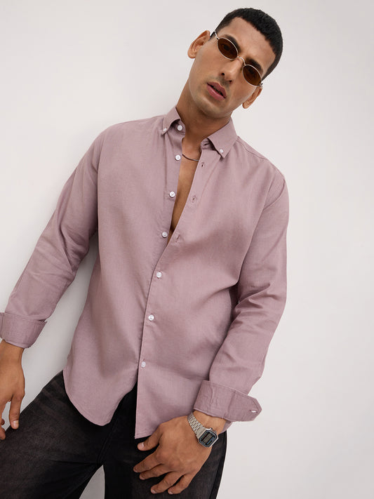 Luxe French Lilac Button-Down Collar Linen Blend Shirt