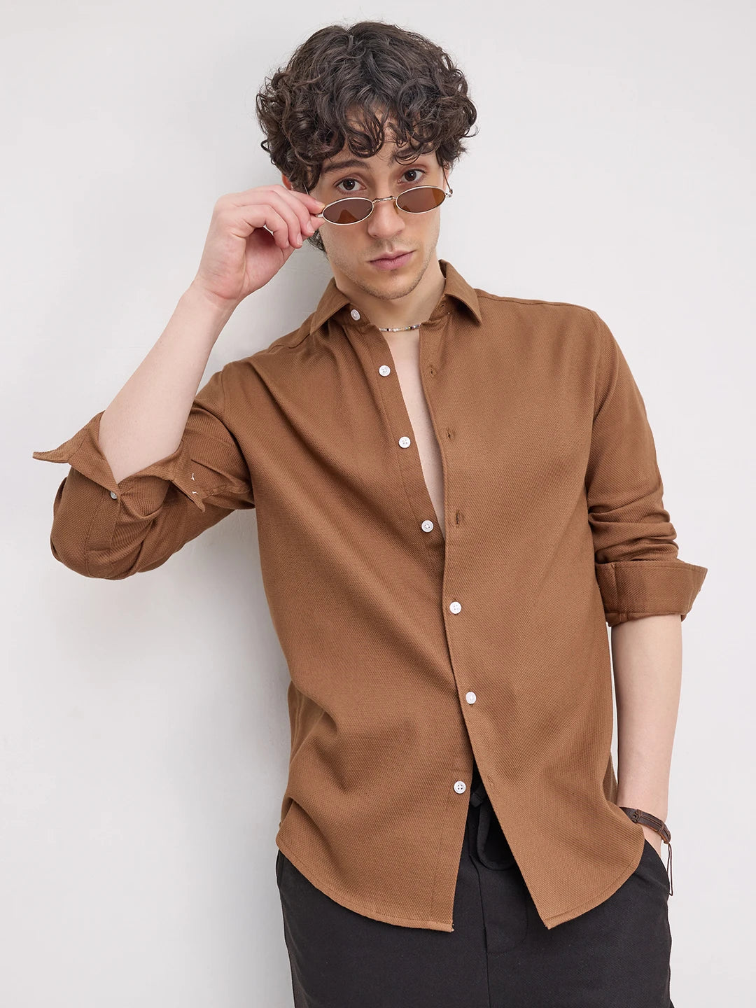 Elevated Russet Brown Honeycomb Weave Shirt