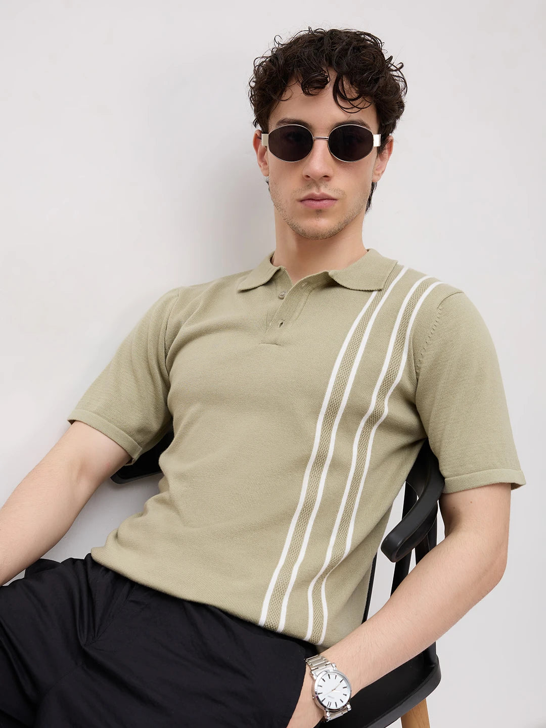 Sage Green Panel Striped Flat Knit Polo T-Shirt
