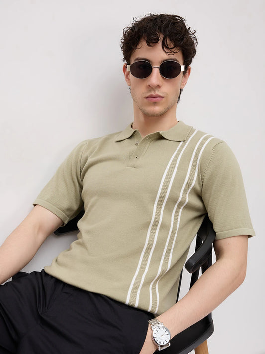 Sage Green Panel Striped Flat Knit Polo T-Shirt