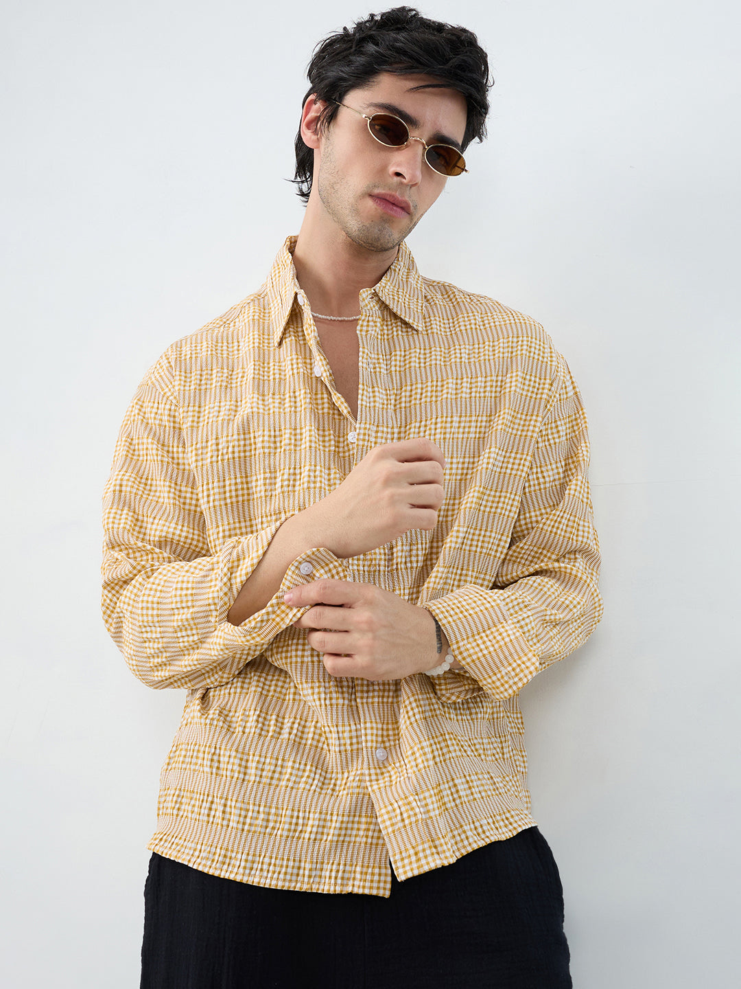 Mustard & White Seersucker Gingham Checks Boxy Fit Crop Shirt