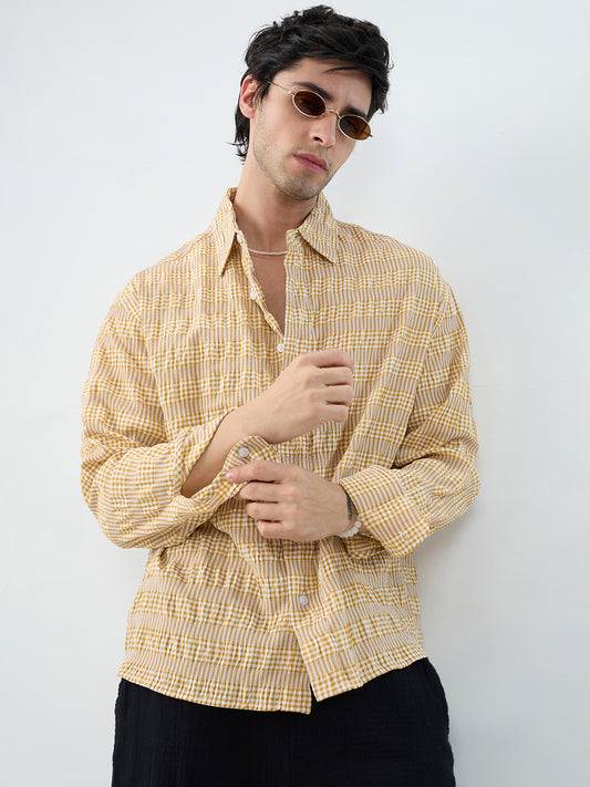 Mustard & White Seersucker Gingham Checks Boxy Fit Crop Shirt