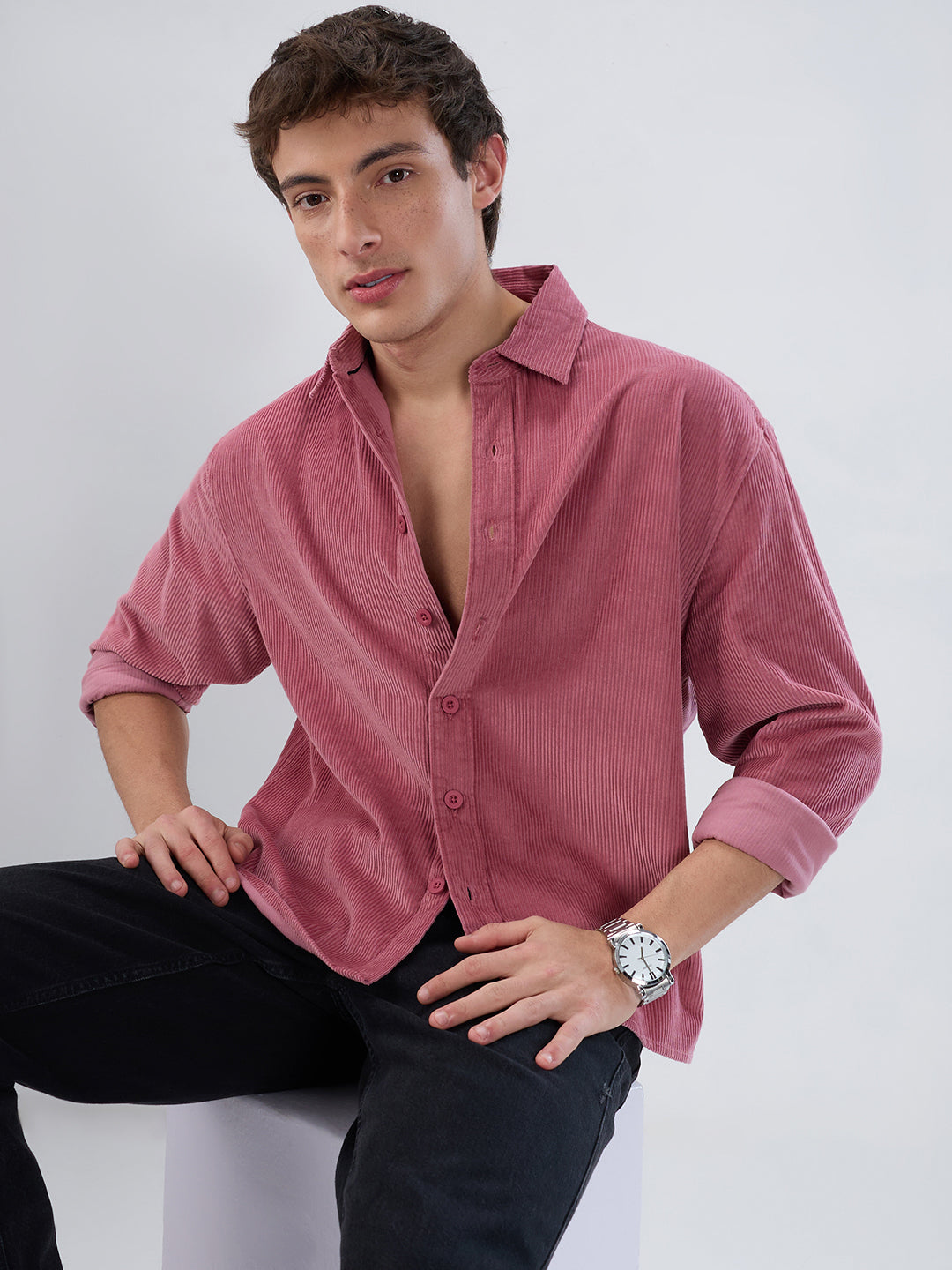Wild Orchid Pink Corduroy Boxy Fit Crop Shirt