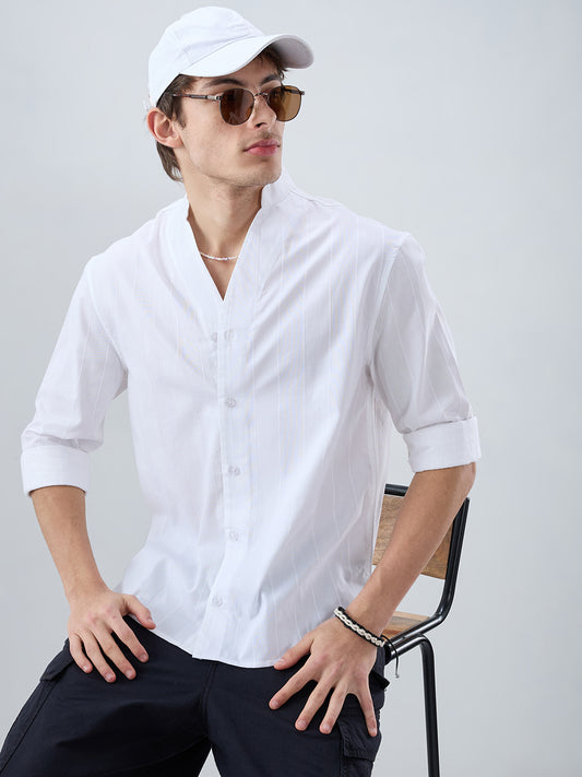 Snow White Panel Textured Stand Collar Oversized Shirt