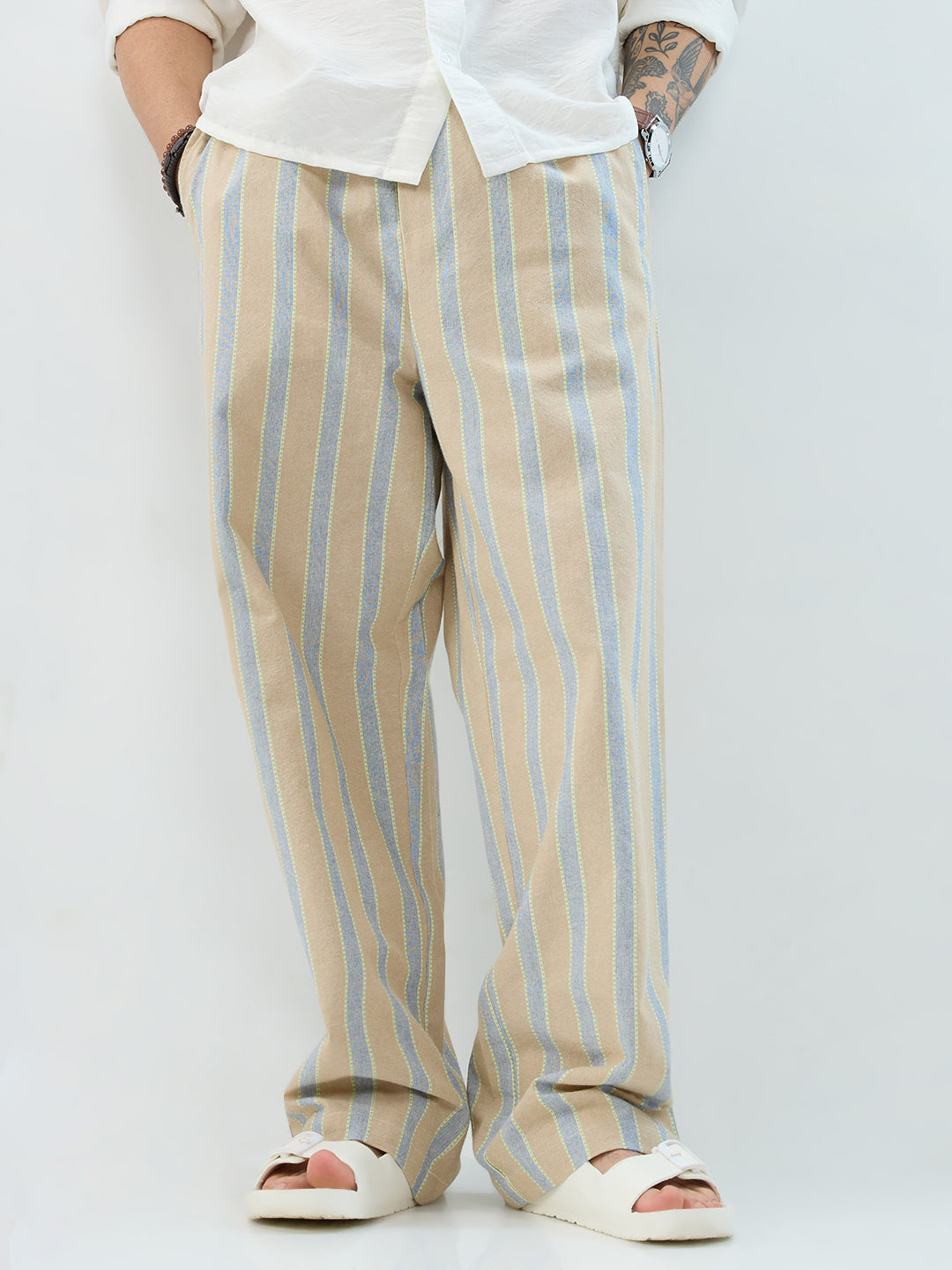 Camel Beige & Navy Striped Straight-Fit Trousers