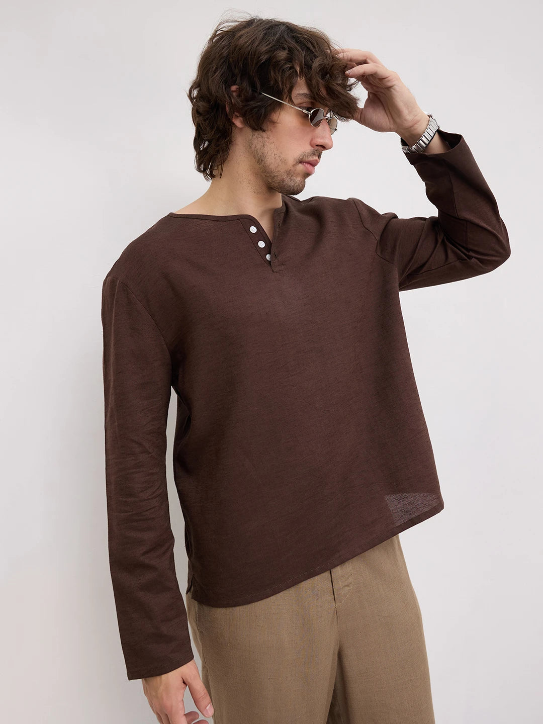 Espresso Brown Linen Blend Henley Neck Oversized Shirt