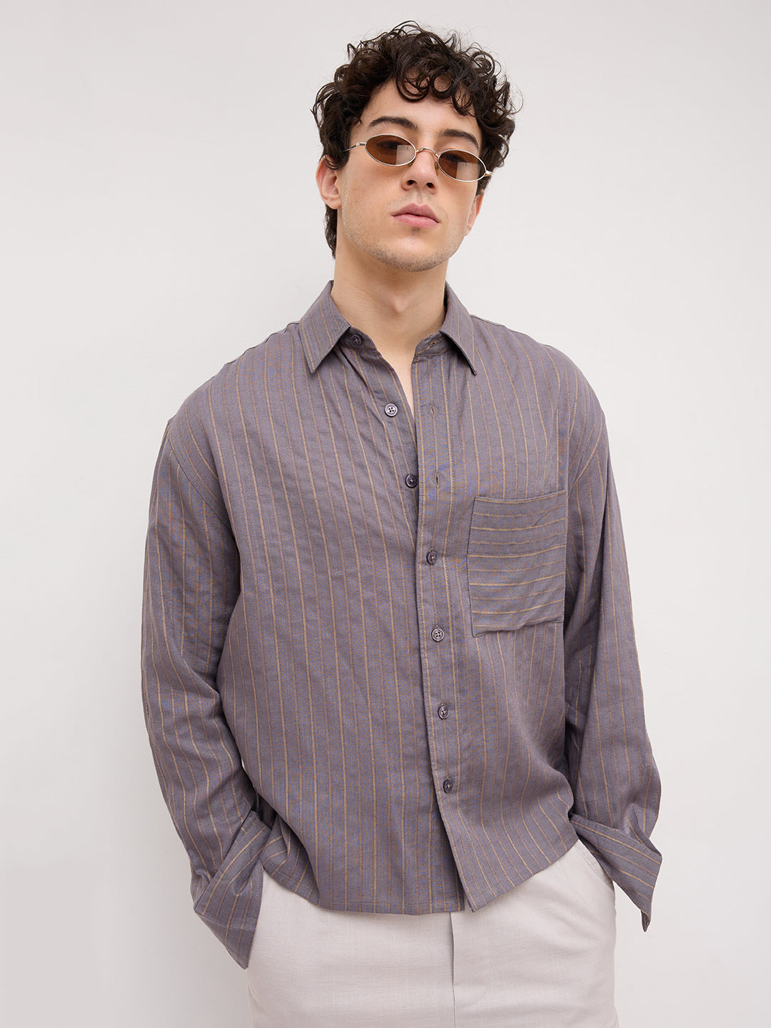 Luxe Purple & Gold Striped Linen Blend Boxy Fit Crop Shirt