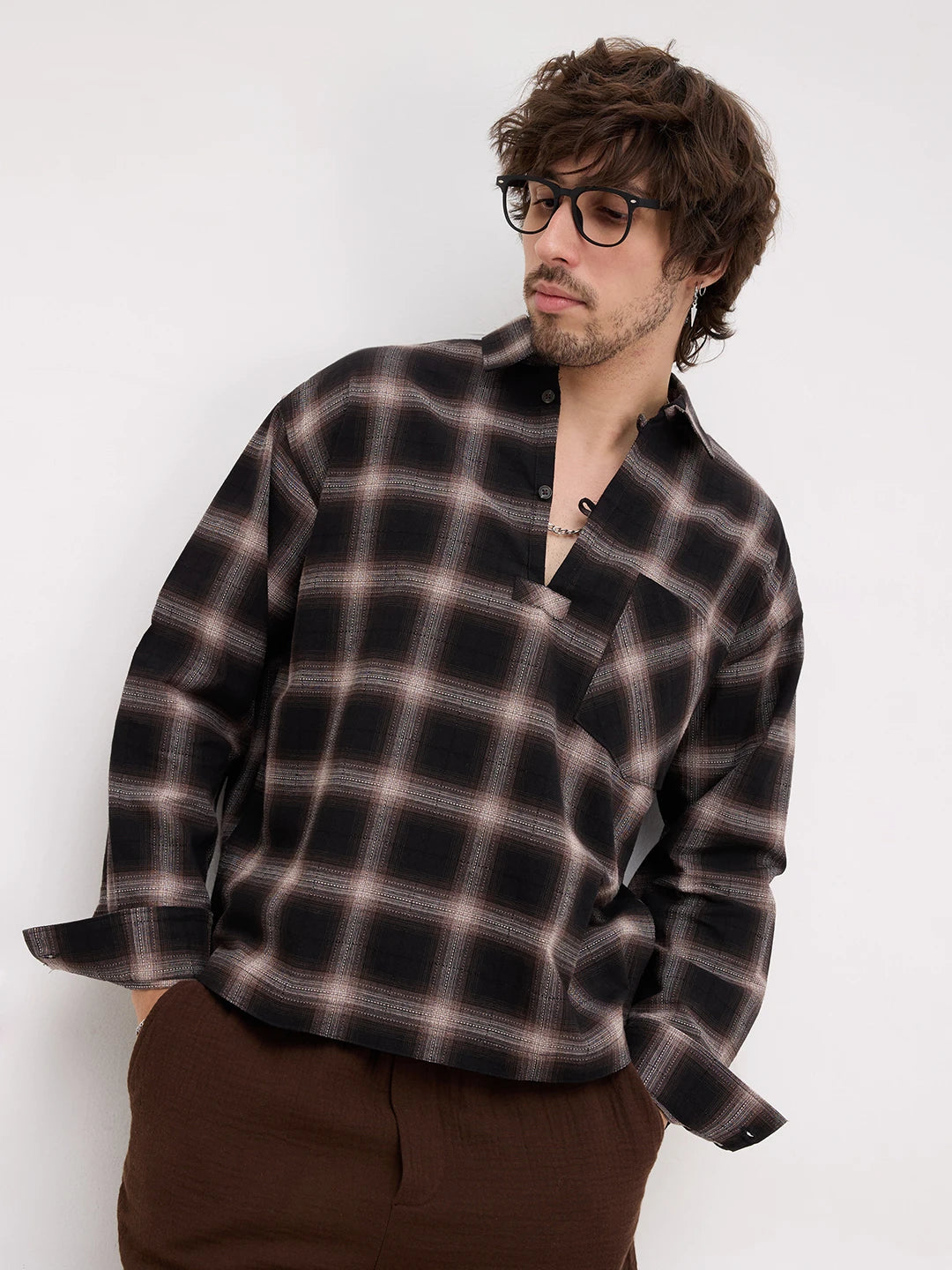 Distinctive Black & Brown Shadowline Textured Checks Loop Button Oversized Shirt