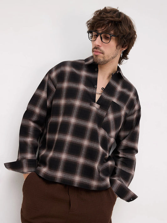 Distinctive Black & Brown Shadowline Textured Checks Loop Button Oversized Shirt