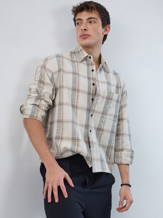 Ivory & Beige Windowpane Checks Boxy Fit Crop Shirt