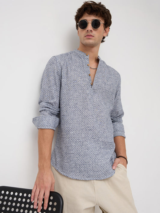 Navy Geometric Maze Textured Kurta