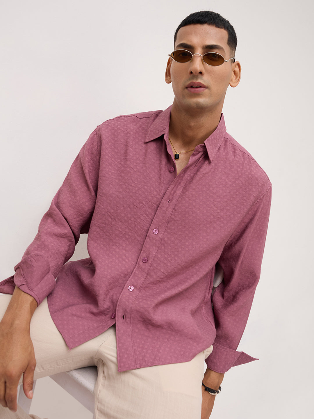 Rosewood Pink Dot Textured Boxy Fit Crop Shirt