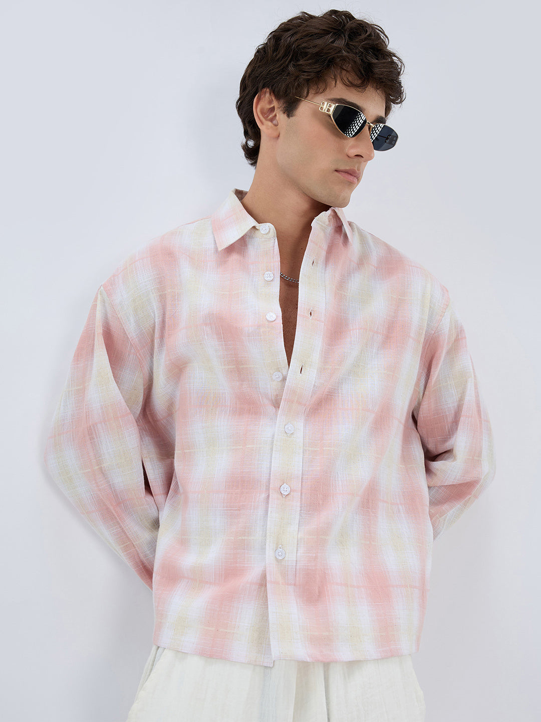 Peachy Pink Textured Checks Weave Linen Blend Boxy Fit Crop Shirt