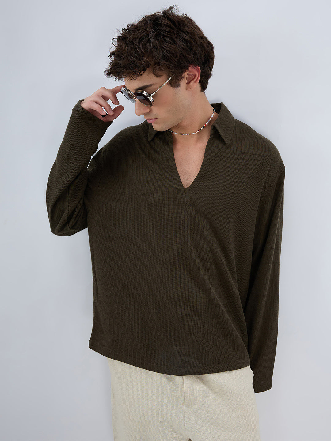 Mignonette Green Micro Weave Knitted Oversized Polo Shirt