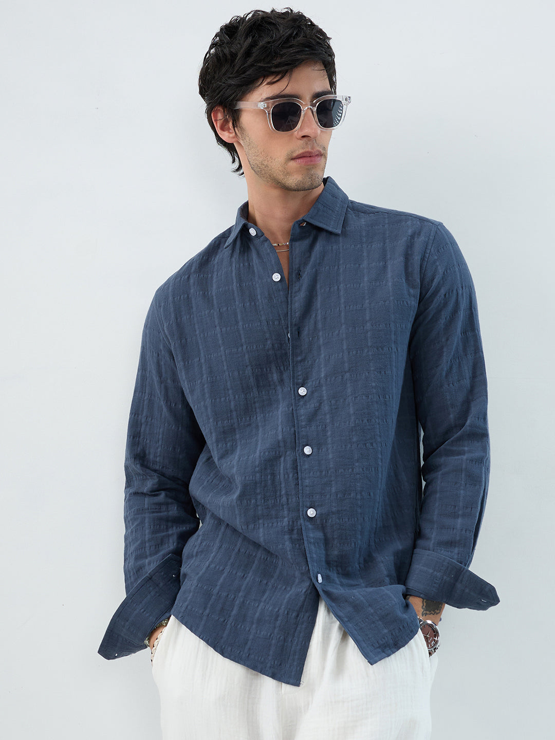 Spruce Blue Double Cloth Checks Shirt