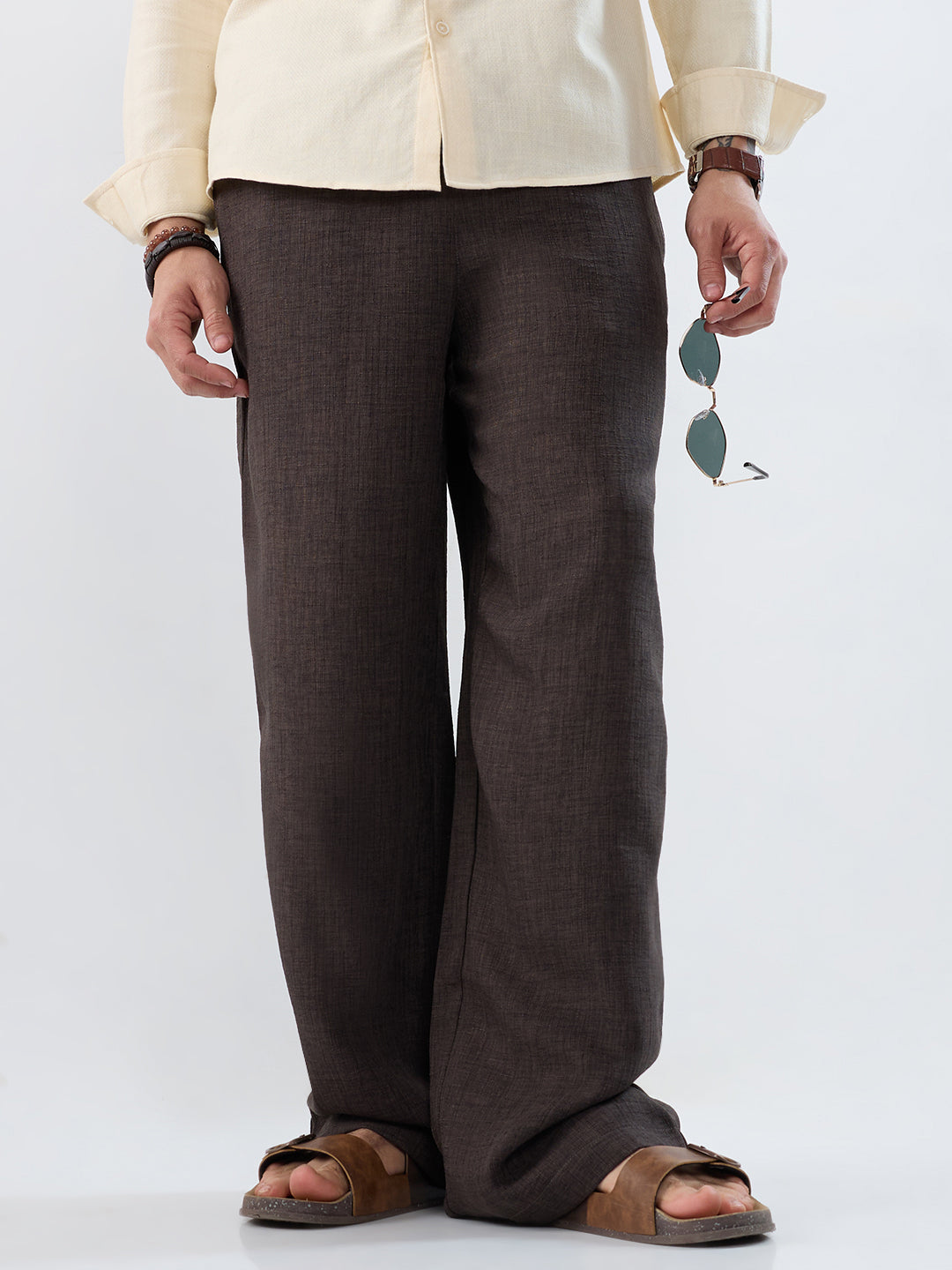 Slate Grey Slub Textured Wide-Leg Trousers