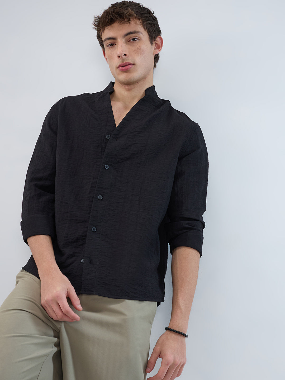 Ink Black Textured Stand Collar Oversized Shirt