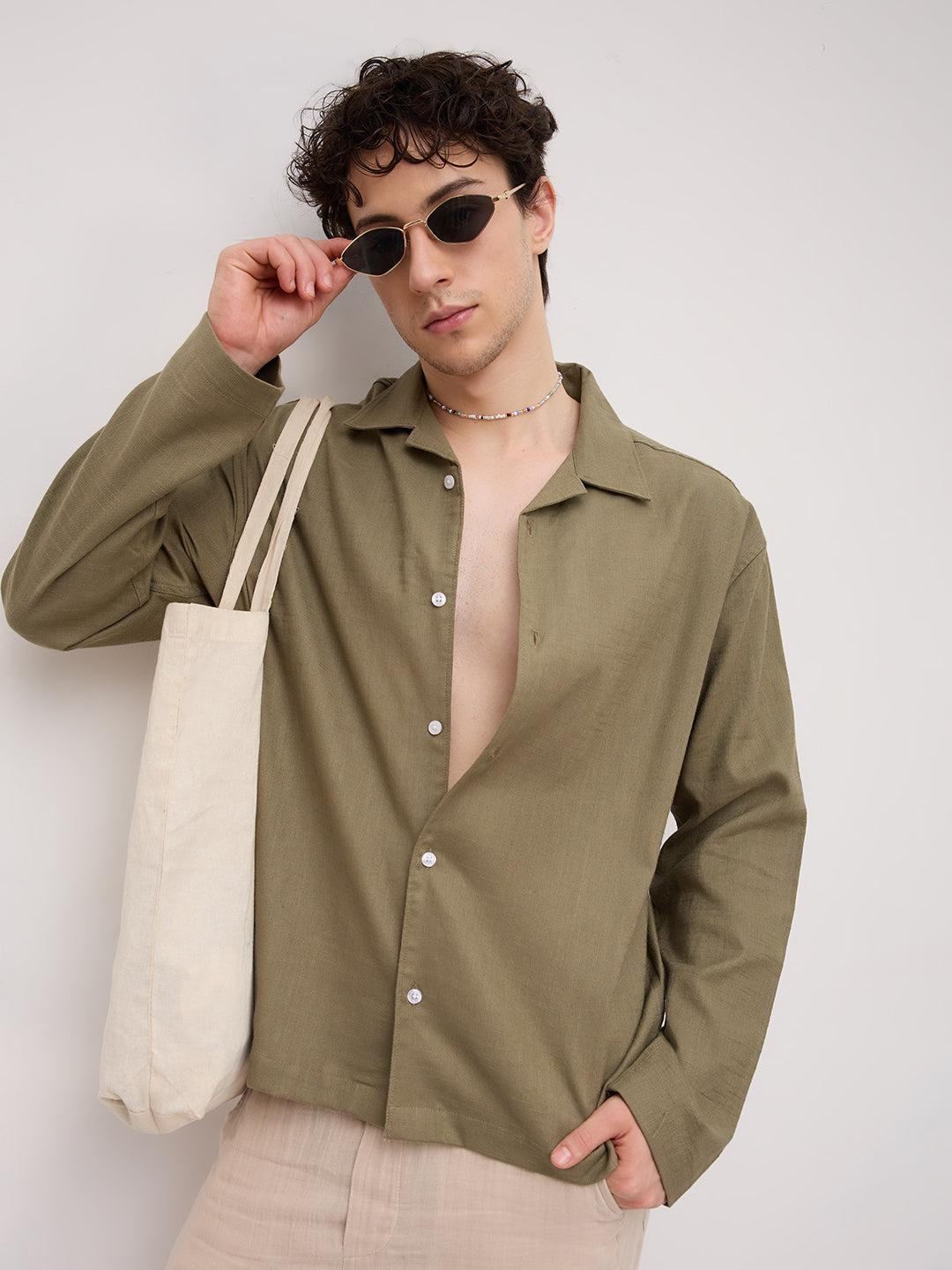 Olive Green Notch Collar Oversized Shirt