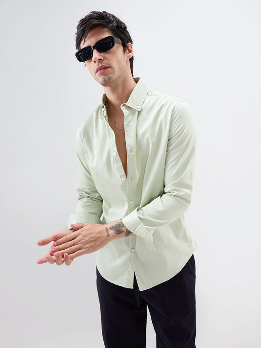 Tea Green Button-Down Collar Satin Shirt