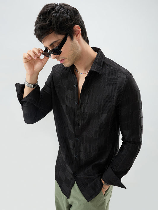 Jet Black Block Checks Motif Embossed Textured Shirt