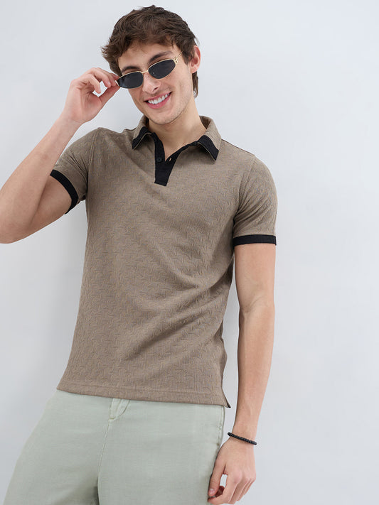 Taupe Textured Contrast Polo Neck Knit T-shirt