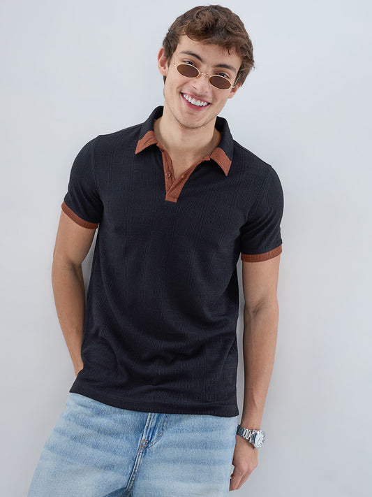 Matte Black Contrast Polo Neck Knit T-shirt