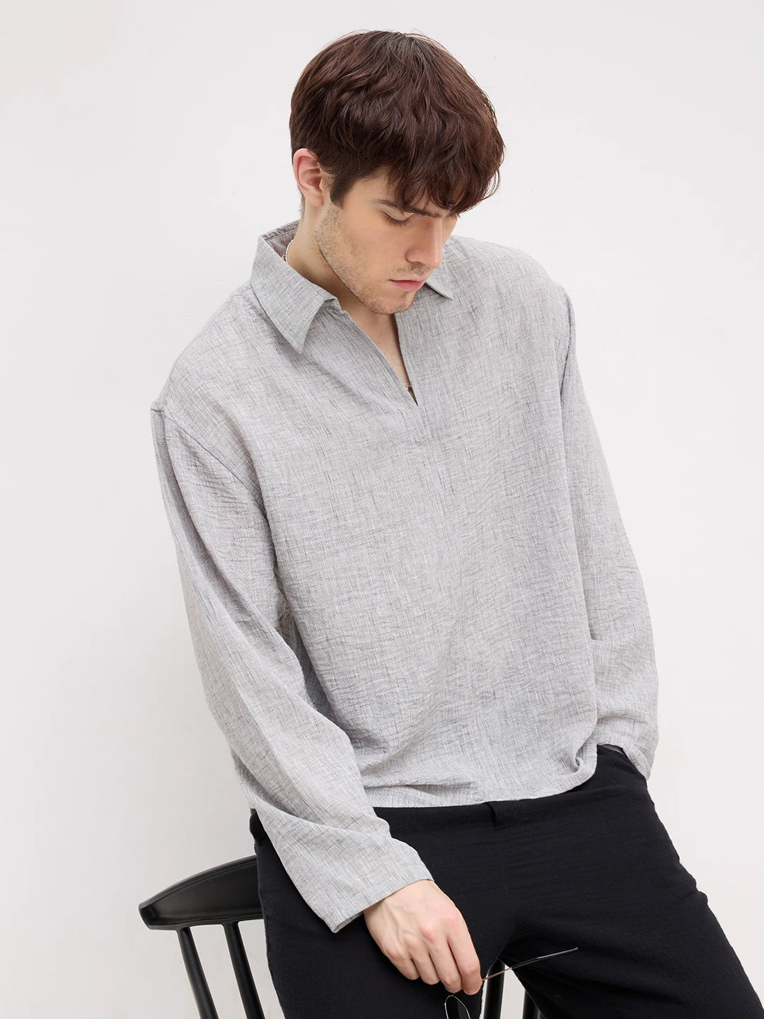 Refined Ash Grey Textured Center Seam Oversized Shirt