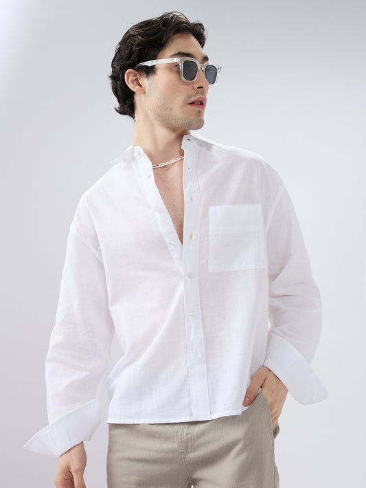 Pristine White Linen Textured Boxy Fit Crop Shirt