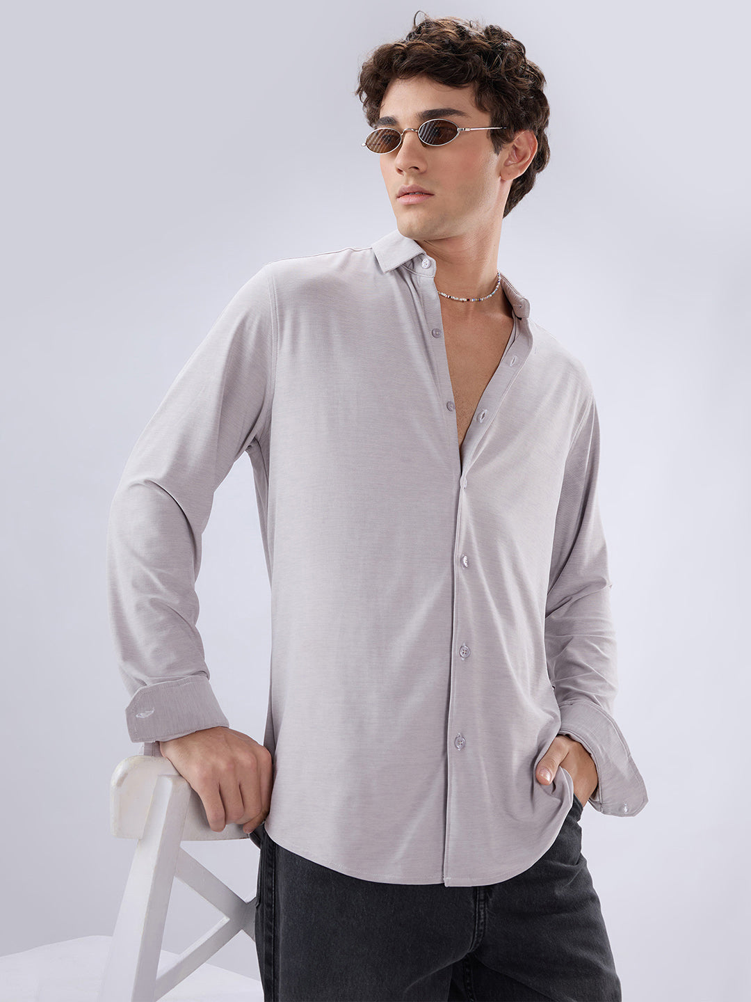 Classic Solid Plush Grey Knitted Shirt