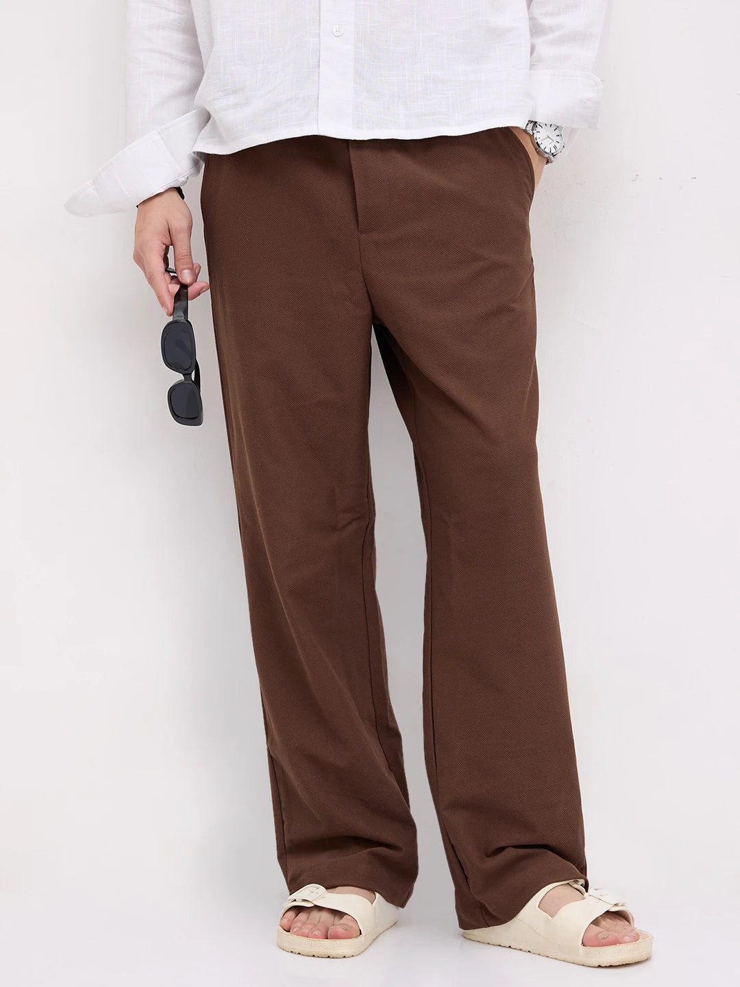Chocolate Brown Diagonal Textured Knitted Straight Leg Trousers