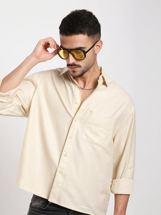 Sunwashed Cream Slub Textured Oversized Crop Shirt