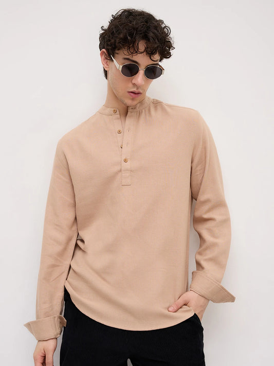 Beige Fine Geometrical Weave Textured Kurta
