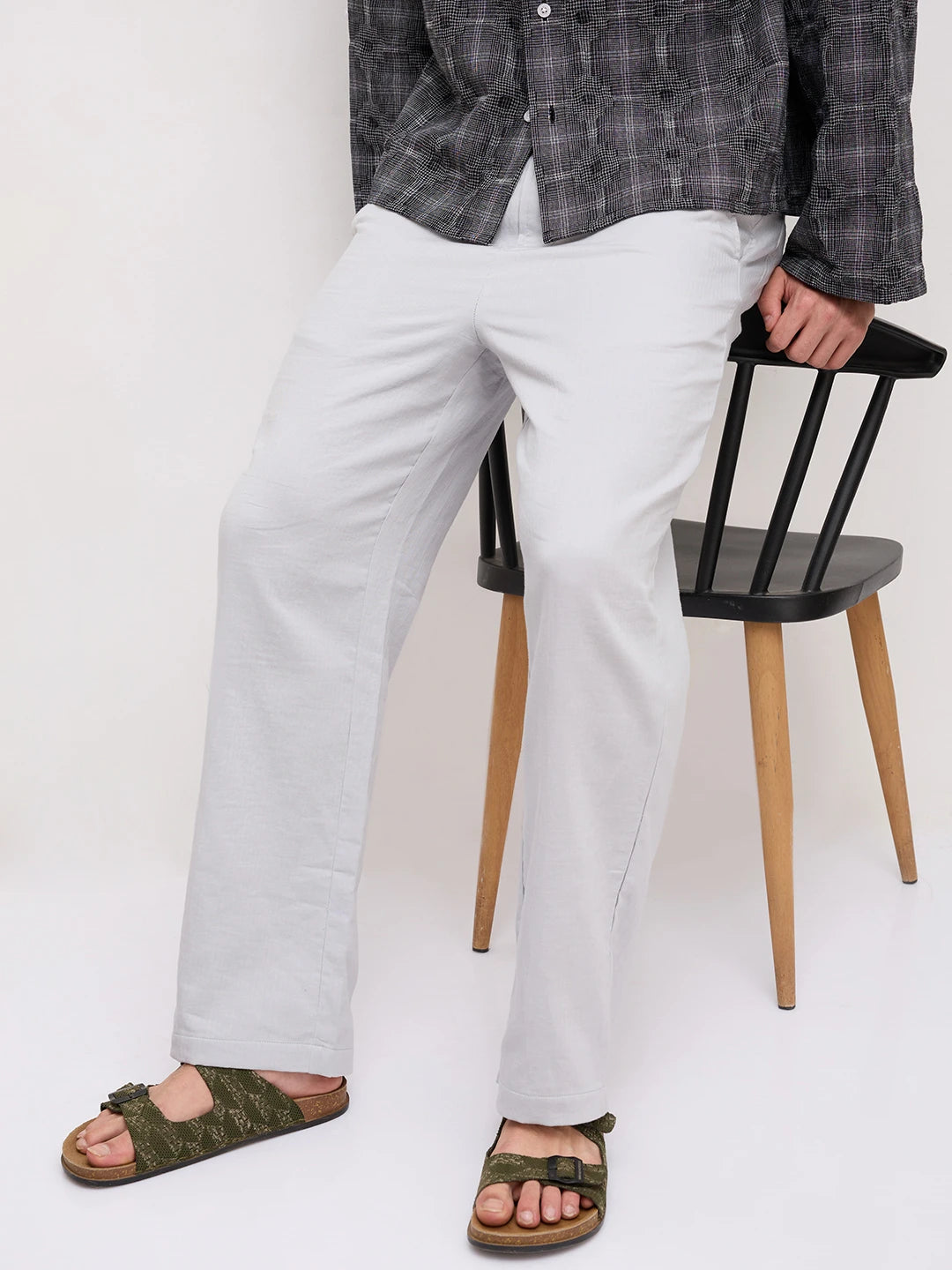 Grey Fine Herringbone Textured Straight Fit Trousers