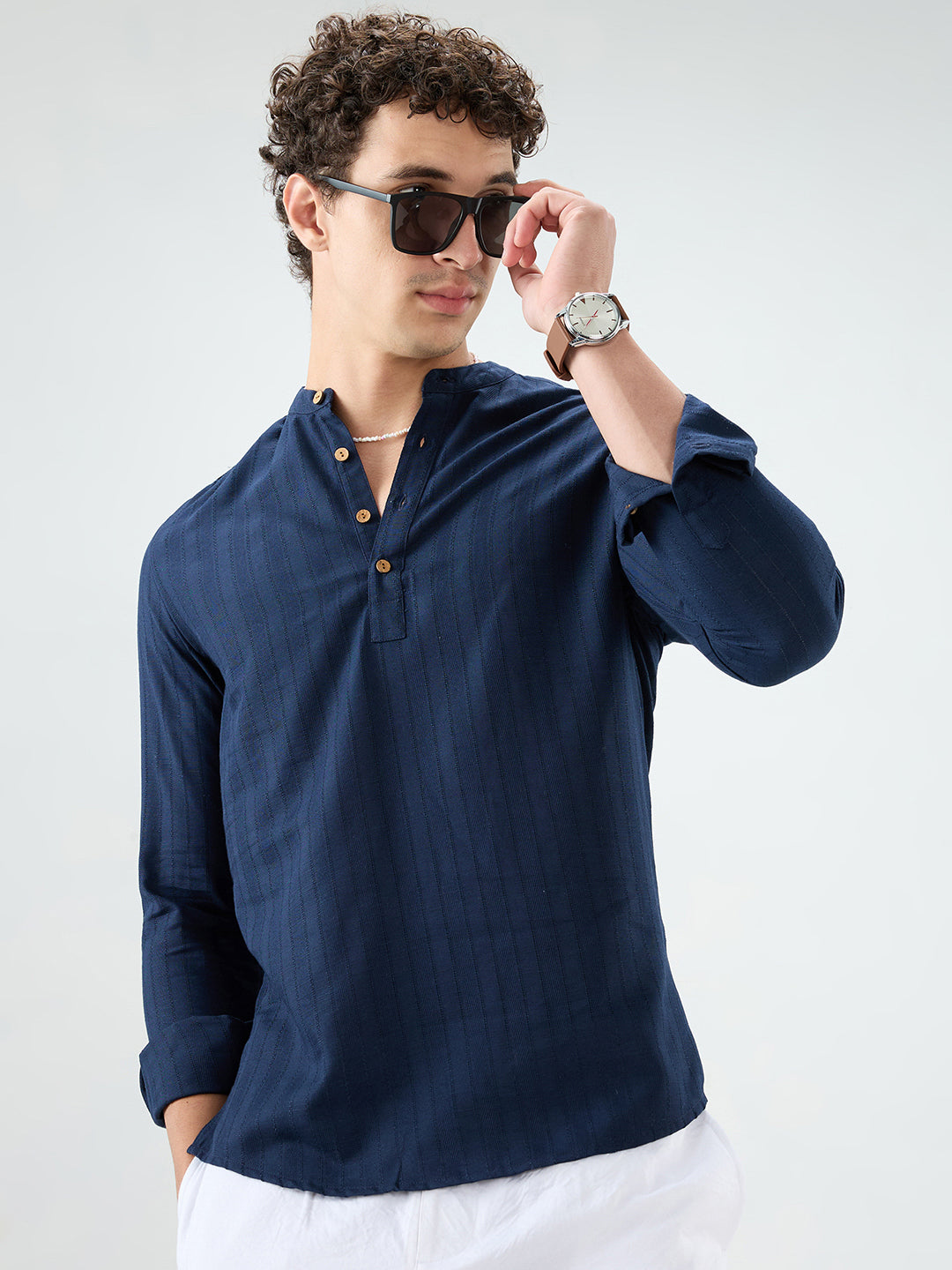 Navy Ladder Striped Subtle Textured Kurta