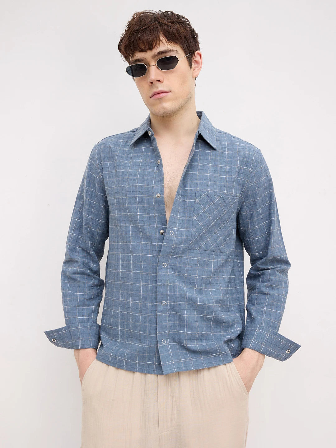 Blue Loomscape Checks Straight Hem Crop Shirt