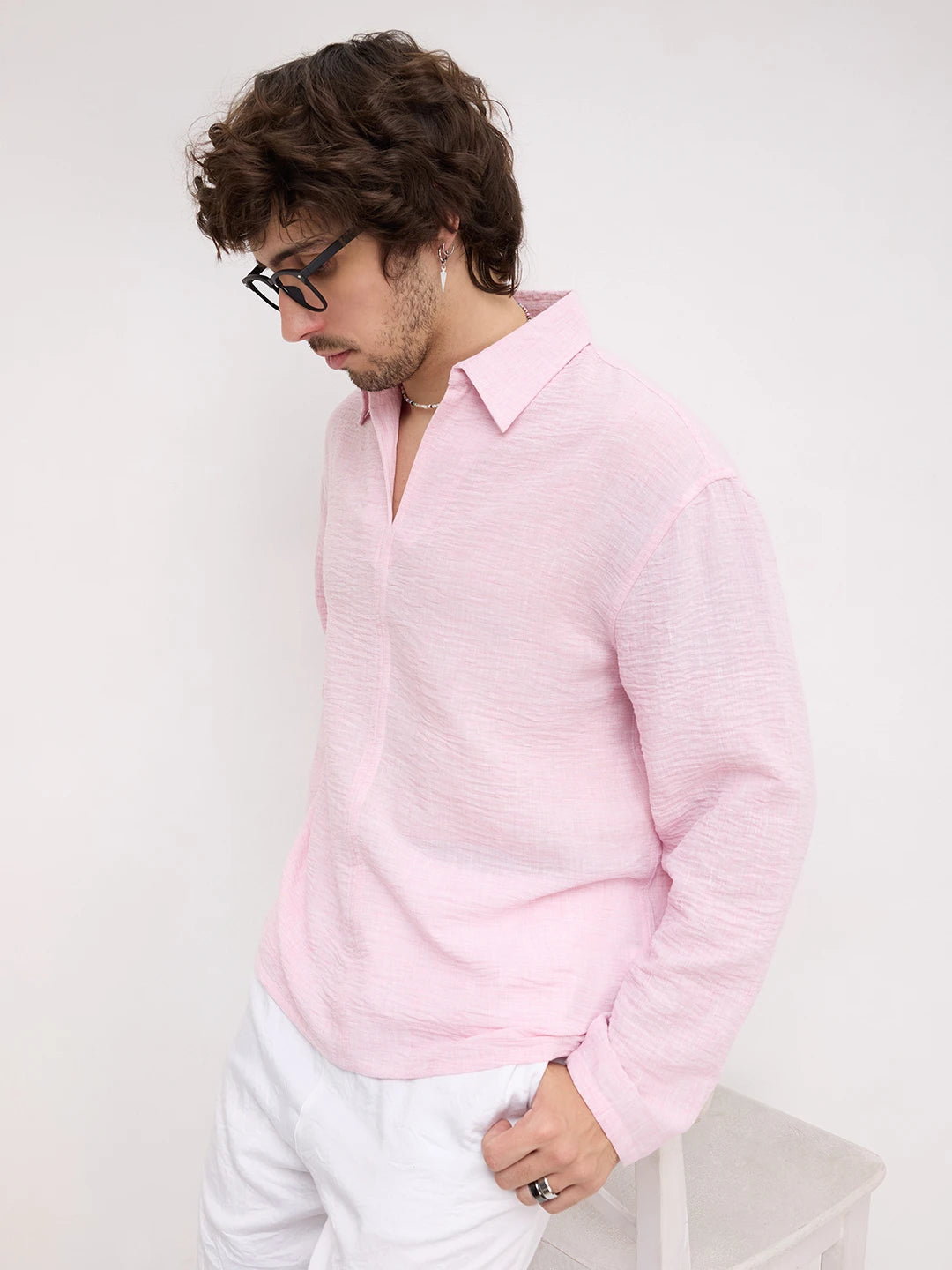 Soft Pink Fine Textured Center Seam Oversized Shirt