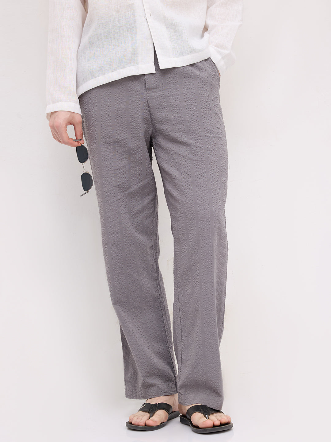 Solid Grey Seersucker Striped Straight Fit Trousers