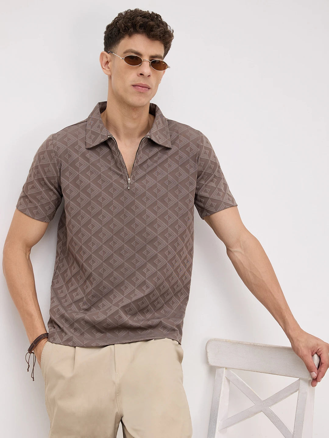 Cedar Brown Diamond Embossed Zip Polo Tee