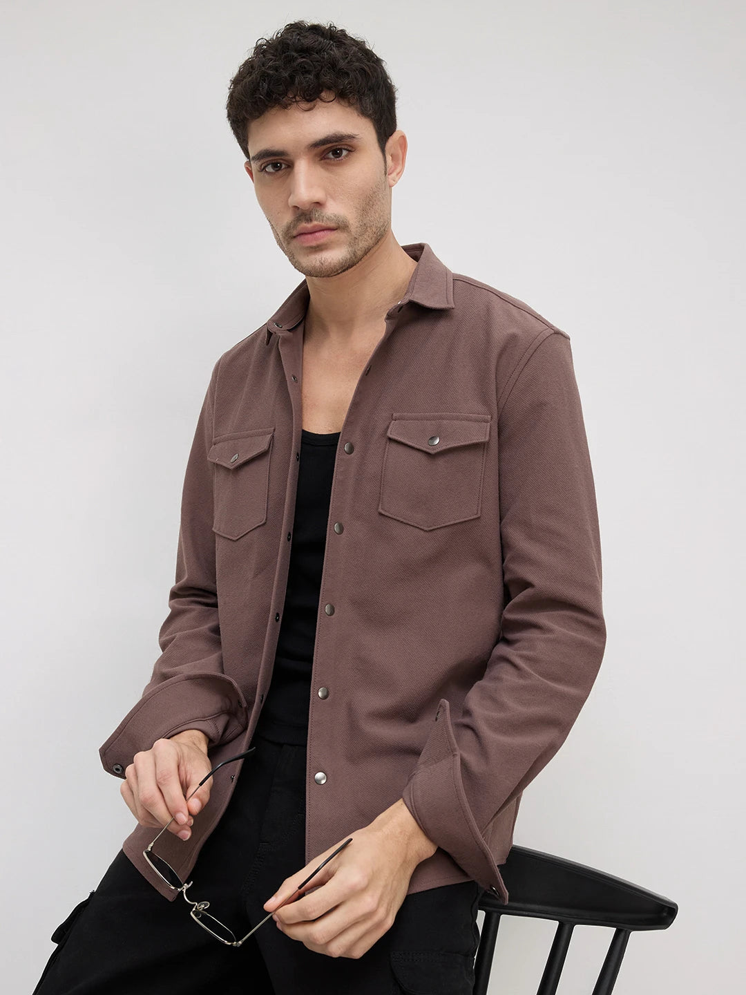 Dusty Brown Twin Flap Pocket Knitted Overshirt