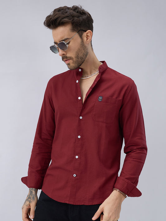 Elegant Berry Red Mandarin Collar Shirt