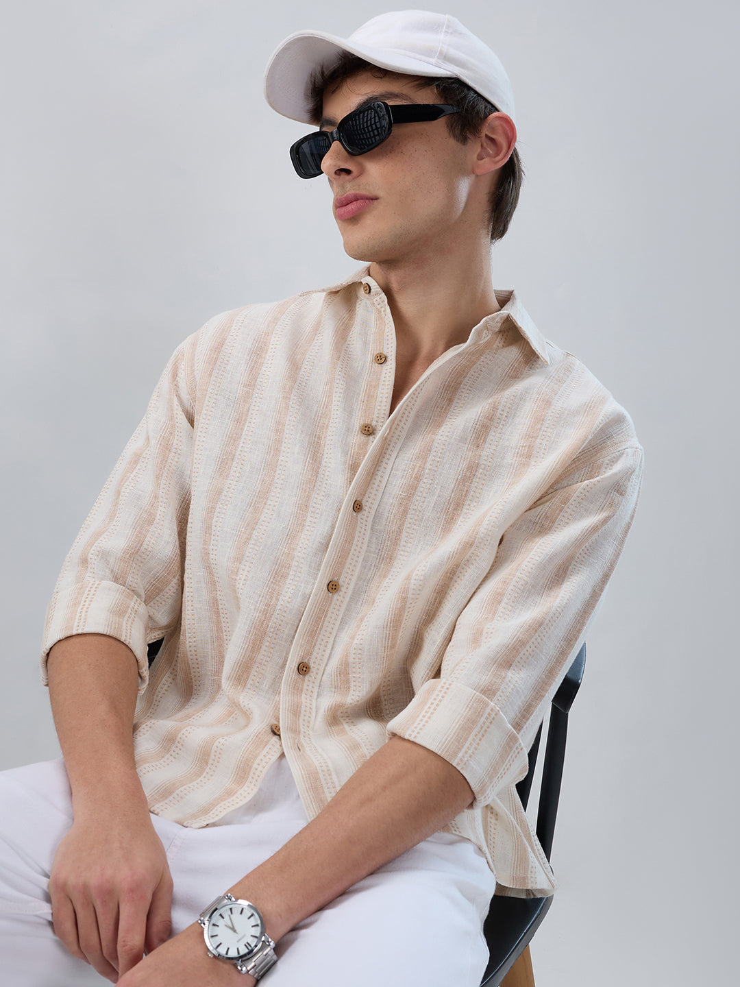 Ivory & Beige Burlap Striped Shirt