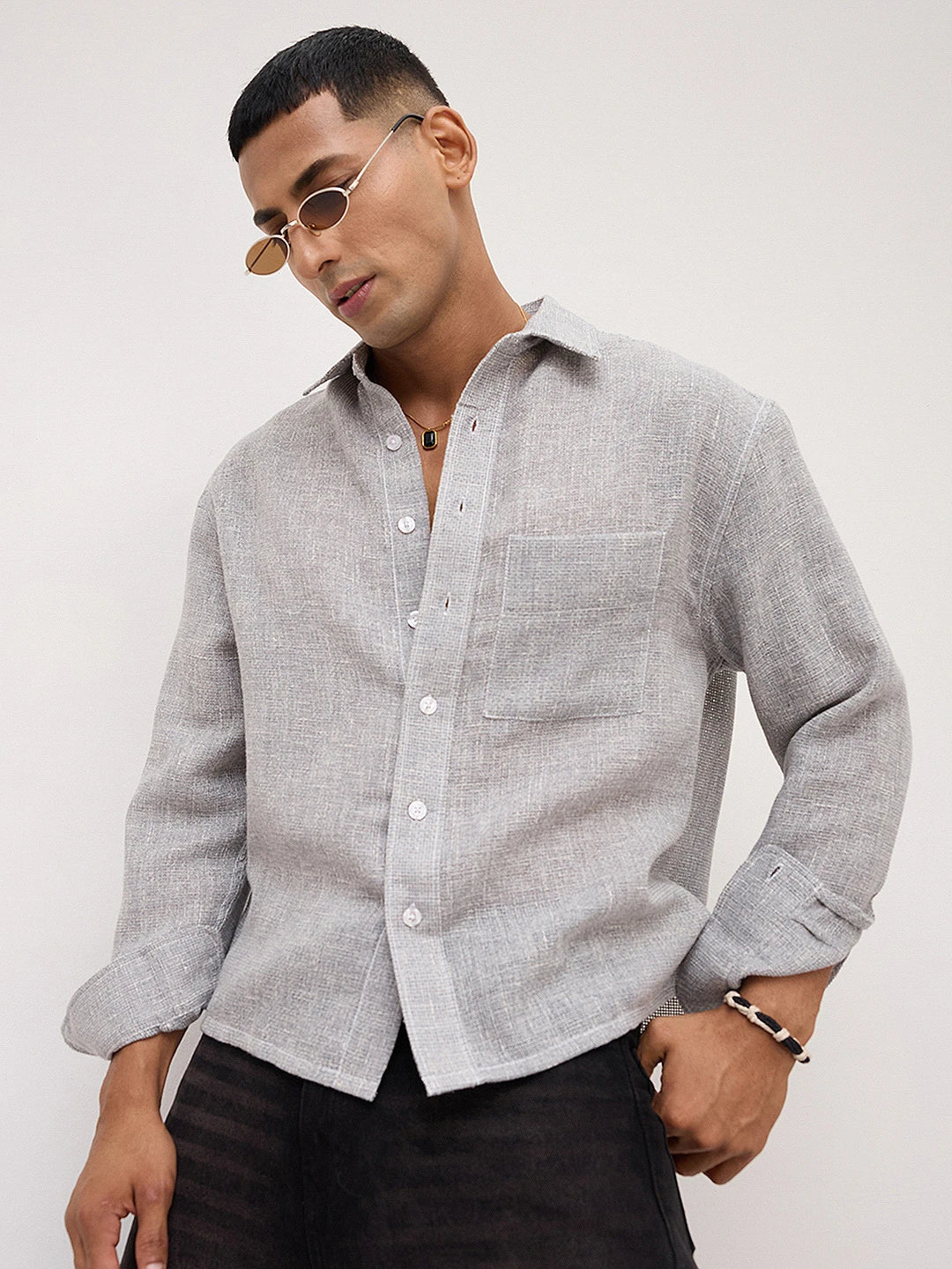 Frost Grey Crosshatch Grid Textured Boxy Fit Crop Shirt