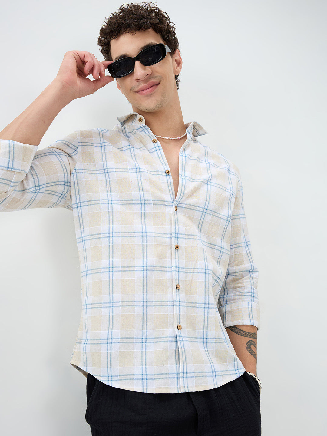 Soft Sand Contrast Windowpane Checks Linen Blend Shirt